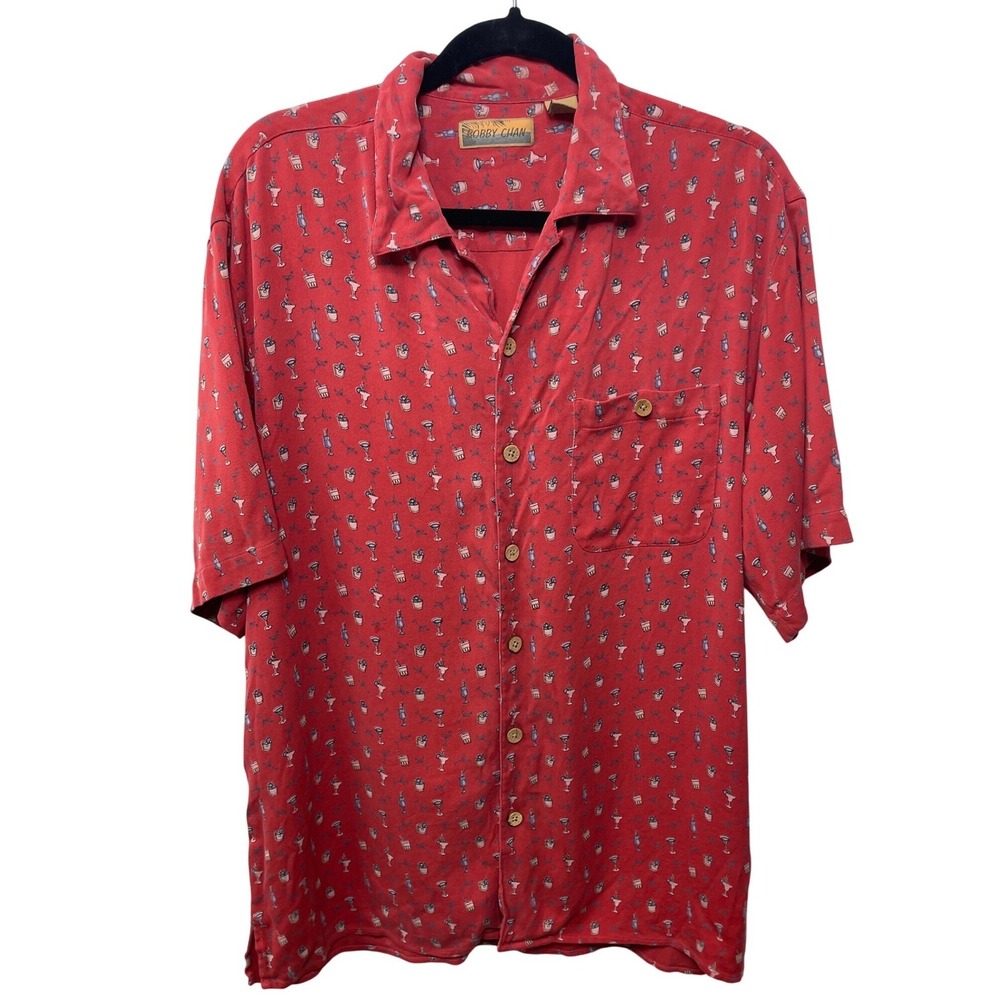 BOBBY CHAN Silk Red Cocktail Drink Print Short Sleeve Silk Button Up Shirt Men M